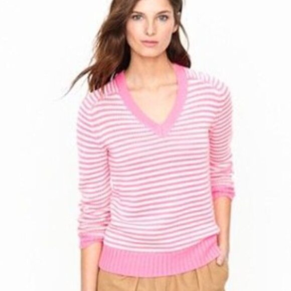 J.CREW Neon Pink And White Striped Cotton/Acrylic V-Neck Sweater Size XL - Picture 6 of 6